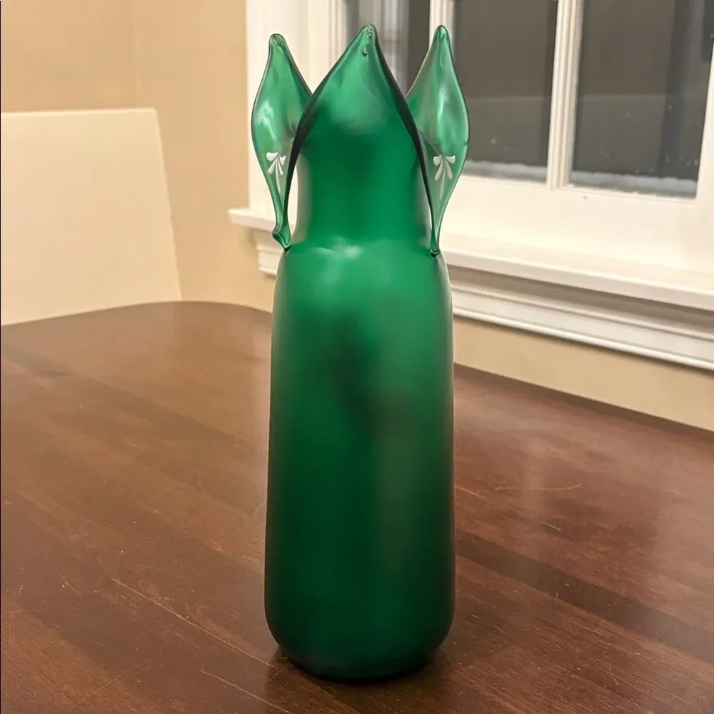 Vintage Green Ruffled Satin Glass Vase 10.5” Hand Enameled